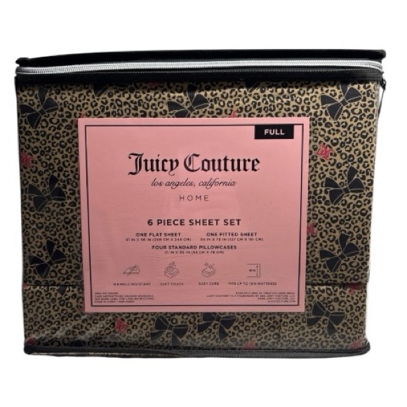 Juicy Couture Leopard Pink JC Bow Bed Sheet Set - Full